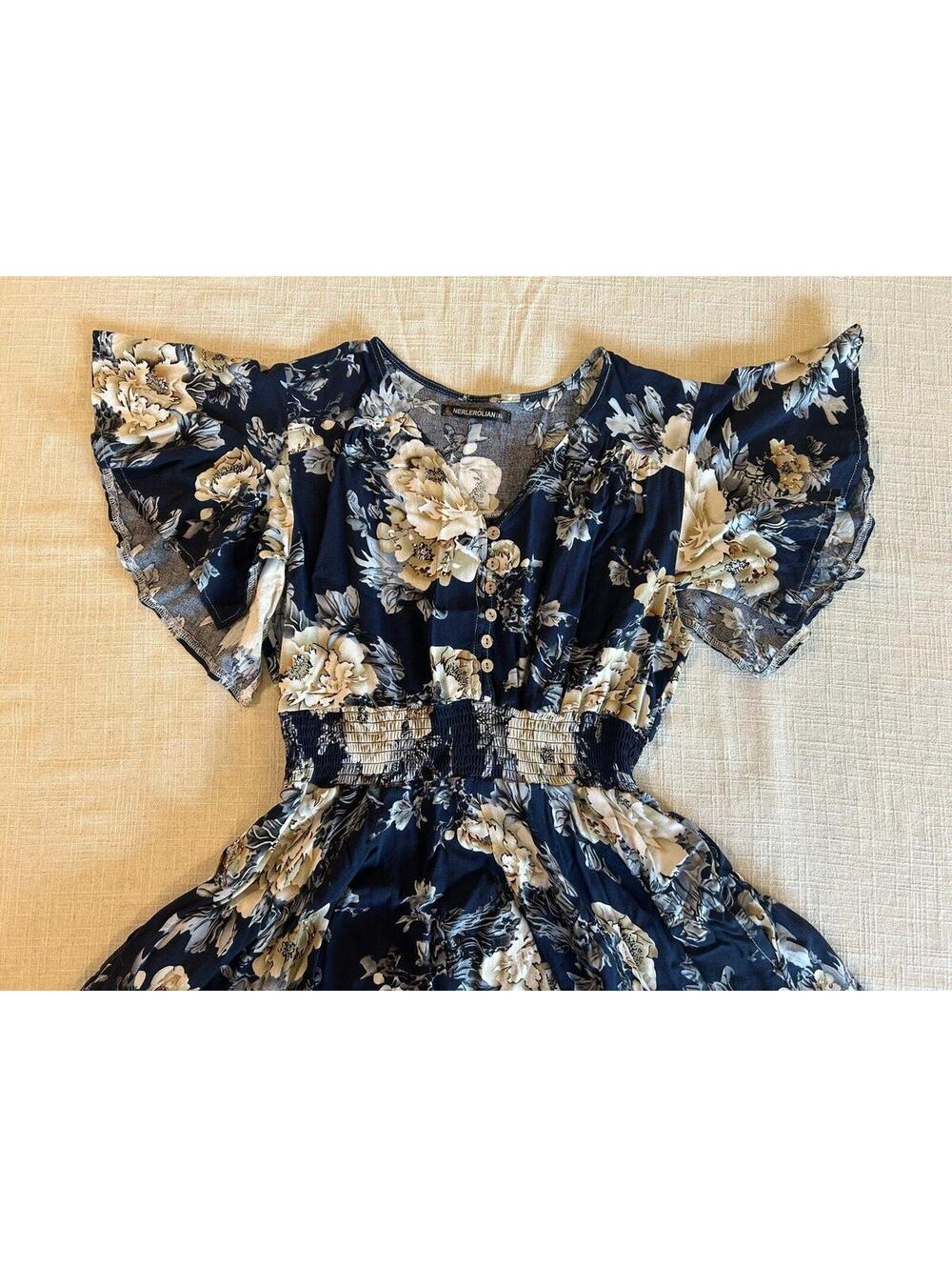 NERLEROLIAN Navy Floral Midi Dress XL Boho Smocked Waist Flutter Sleeve - Picture 2 of 9